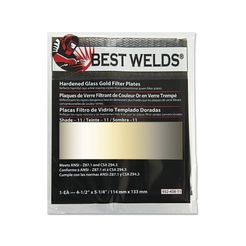 Best Welds hardened glass gold filter plate shade 11, 4.5x5.25 in, ANSI Z87.1 certified welding lens