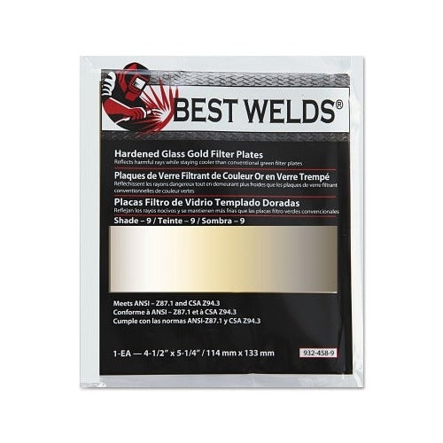 Best Welds hardened glass gold filter plate shade 9, 4.5x5.25 in, ANSI Z87.1 certified welding lens