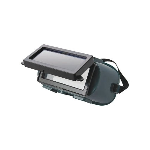 Best Welds soft-sided vinyl welding goggle flip-front dark lens raised for clear view green body elastic strap