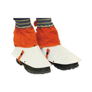 Best Welds Spats one size leather brown worn over boots, snap closures visible with orange upper and white toe
