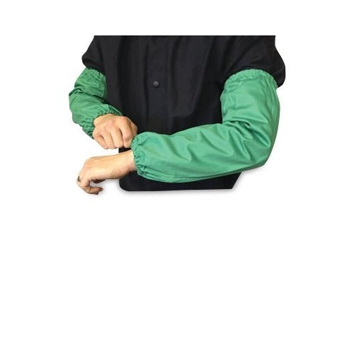 Best Welds FR sateen sleeves 18 in L green, elastic gathered ends, worn over arms shown on model