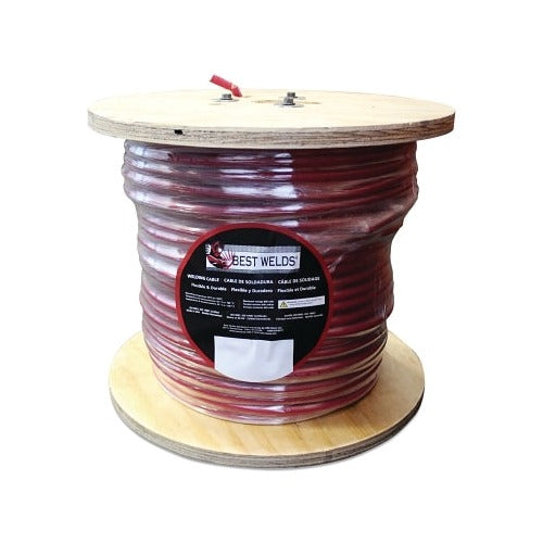Best Welds welding cable 1/0 AWG 250 ft red flexible copper wire on wooden reel with Best Welds label