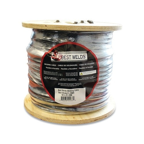 Best Welds welding cable 1 AWG 250 ft black flexible copper wire on wooden reel with Best Welds label