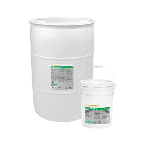 Walter BIO-CIRCLE L bio-remediating degreaser, 20 L pail and drum shown together, green Walter label, parts cleaner solution