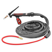 CK USFL1525SF 150A Flex-Loc gas-cooled TIG torch, 25' leather-jacketed hose with red gas lead and brass fittings
