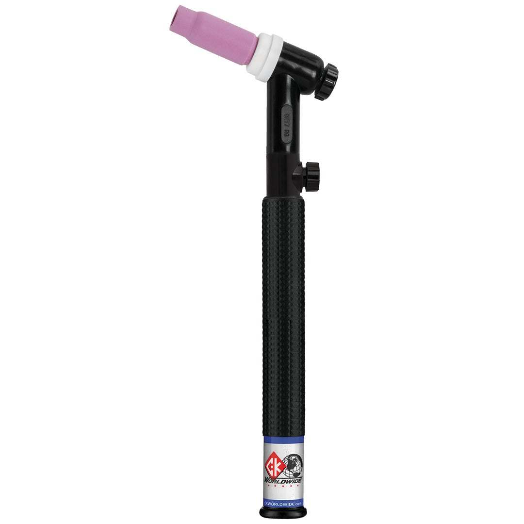 CK Worldwide CK17 RG 150A gas-cooled rigid valve TIG torch with pink ceramic cup and knurled black handle