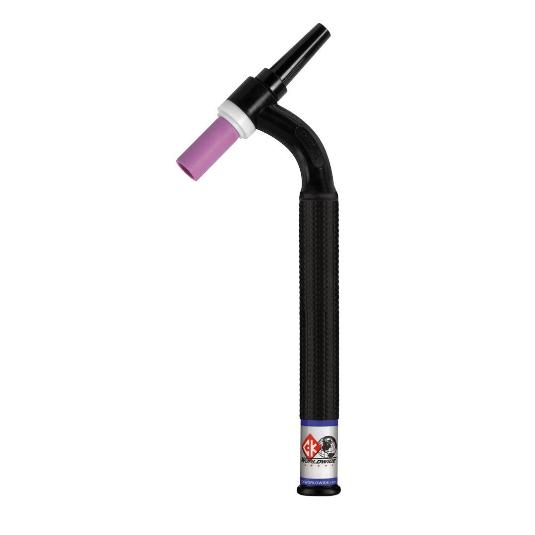 CK Worldwide CK200 flex head torch body with purple ceramic cup and knurled black grip for water-cooled TIG torch