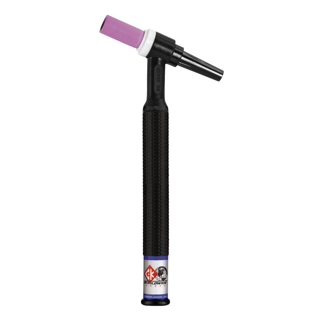 CK Worldwide CK200 RG rigid head torch body with purple ceramic cup and knurled black handle for TIG torch