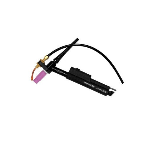 CK Trim-Line 350 cold wire hand held TIG torch, curved black handle, pink ceramic cup, brass gas fitting