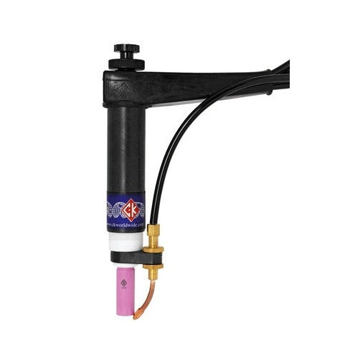 CK Cold Wire MT500-7 500 Amp TIG torch on stand with blue CK Worldwide label and pink ceramic cup