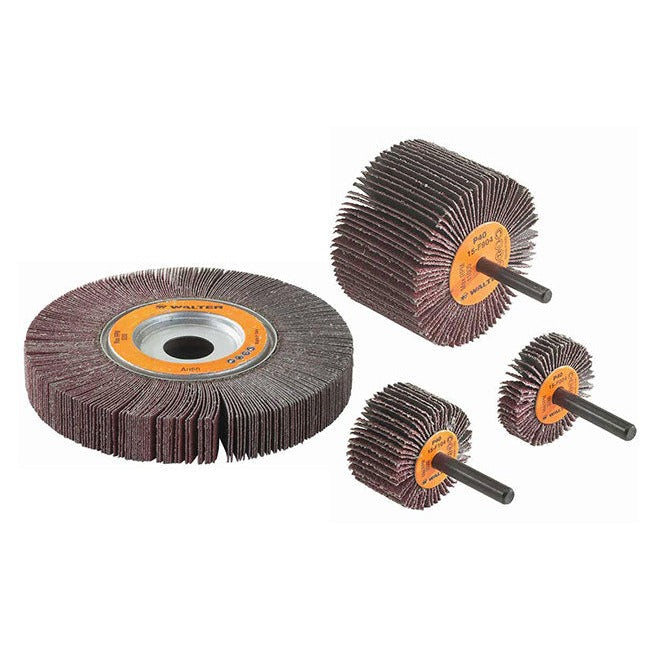 Walter Coolcut unmounted flap wheels assortment including 6.5-inch arbor wheel and two mounted spindle wheels in grit 40