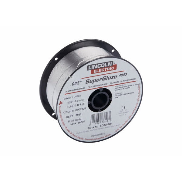 Lincoln Electric SuperGlaze 4043 aluminum MIG wire 0.035 in 1 lb spool, silver aluminium wire on grey plastic spool