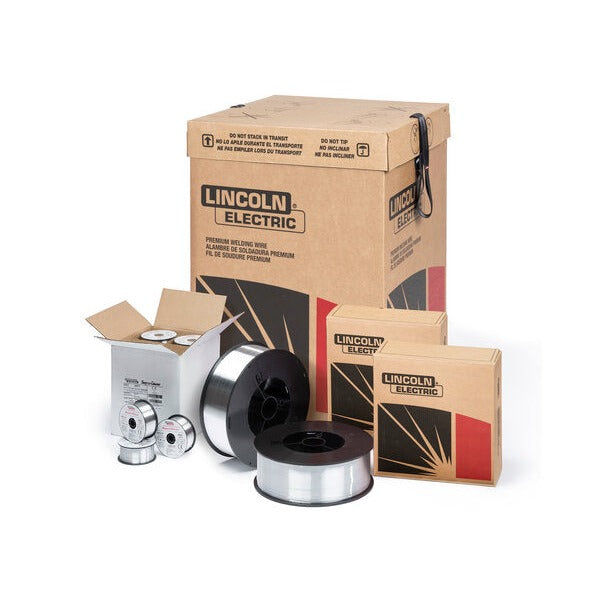 Lincoln Electric SuperGlaze 1100 aluminum MIG welding wire spools and bulk packaging, multiple spool sizes shown