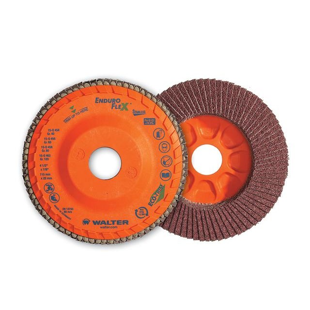 Walter 06F508 Enduro-Flex Stainless flap disc 5" 80 grit orange backing brown-red zirconia abrasive flaps spin-on