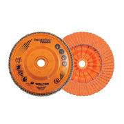 Walter 06A458 Enduro-Flex Turbo flap disc 4.5" x 5/8-11 80 grit orange backing plate shown front and back