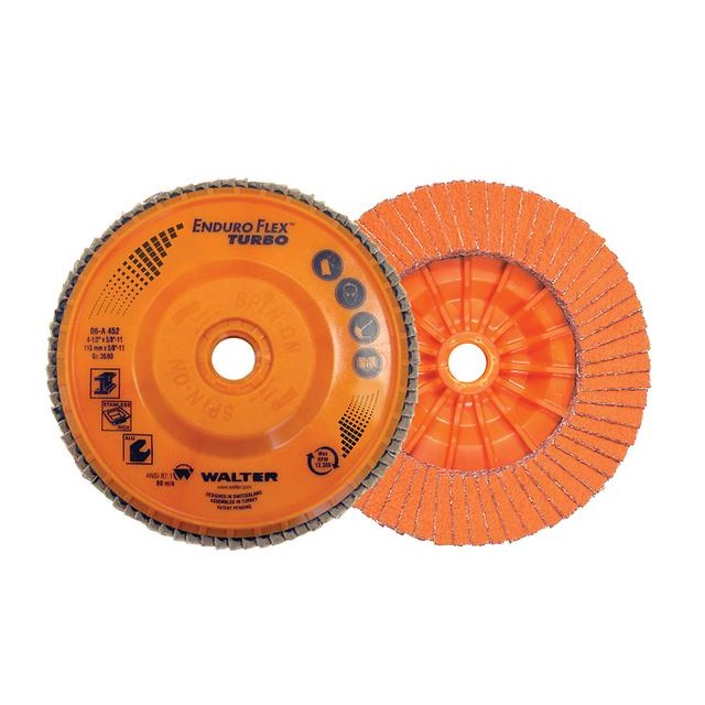 Walter Surface Technologies Enduro-Flex Turbo flap disc 7" x 7/8 GR36/60 orange abrasive disc front and back view