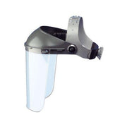 Fibre-Metal F300 gray ratchet headgear crown with clear faceshield window attached, faceshield headgear