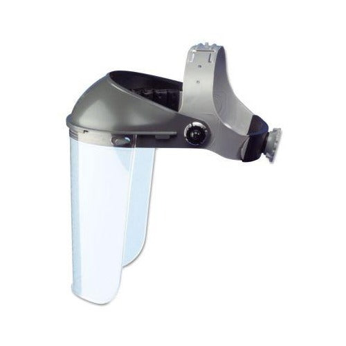 Fibre-Metal F300 gray ratchet headgear crown with clear faceshield window attached, faceshield headgear