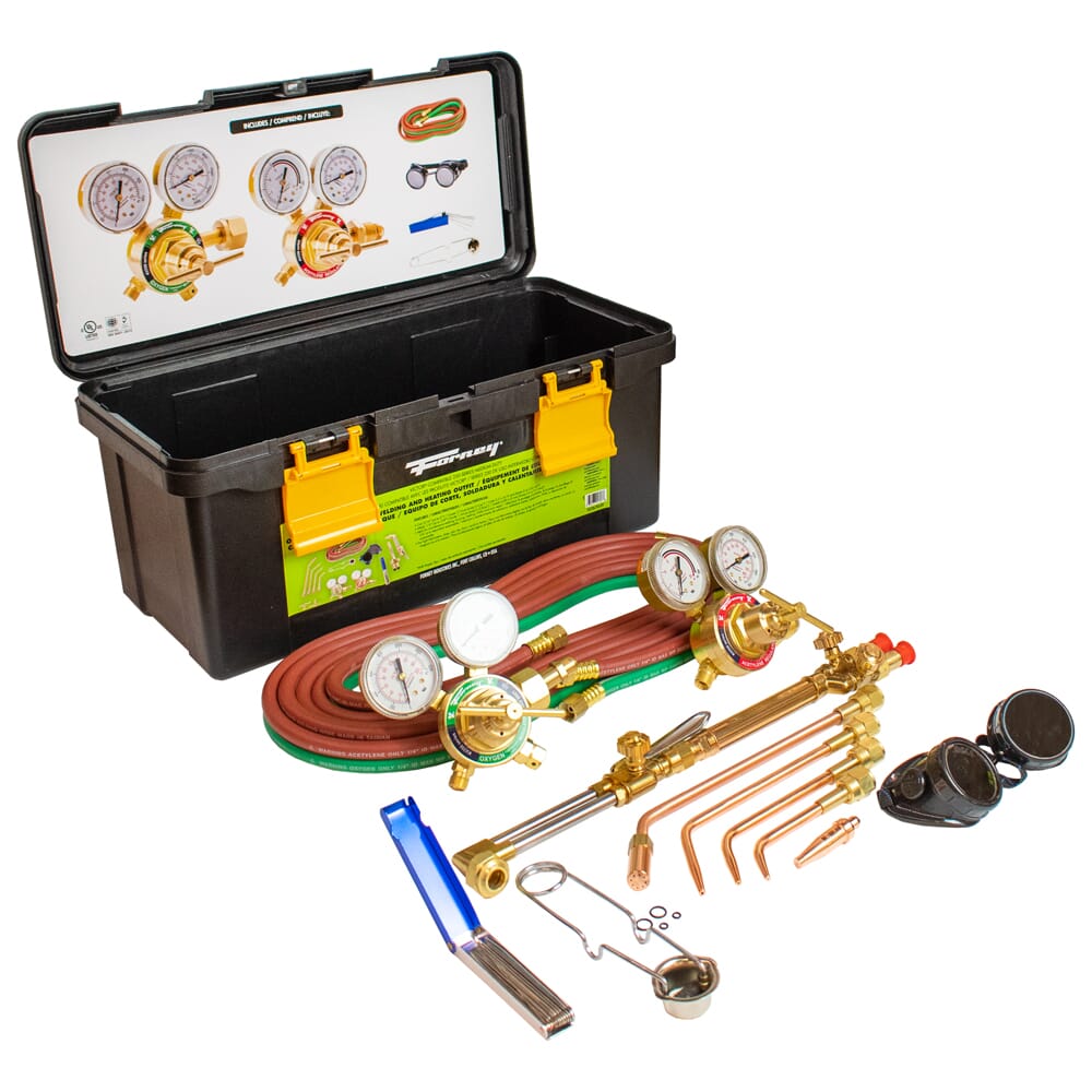 Forney Deluxe Medium Duty Torch Kit with brass regulators, hoses, tips, goggles, and storage case