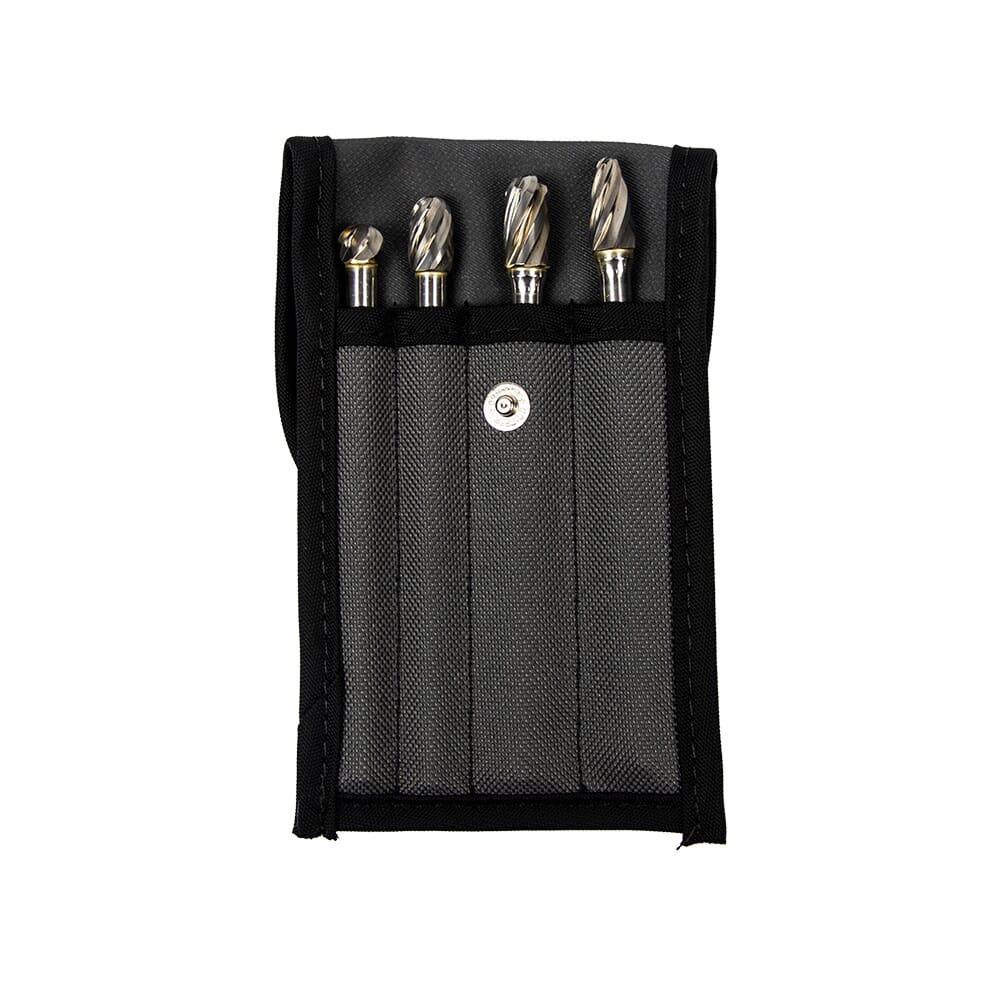 Tungsten Carbide Burr Set, Long Reach, 4-Piece, 1/4 in Shank, with Cloth Pouch
