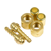 Forney oxy-acetylene hose repair kit 3/16 in, brass hex nuts and barbed nipple fittings on white, hose repair kit