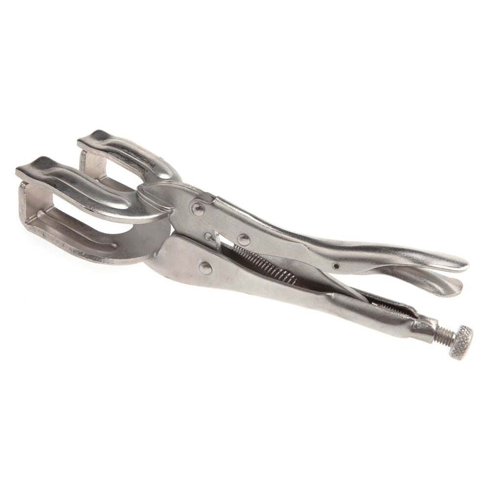 Forney deluxe welding clamp, steel locking jaw with dual U-shaped pads, spring mechanism, screw adjuster