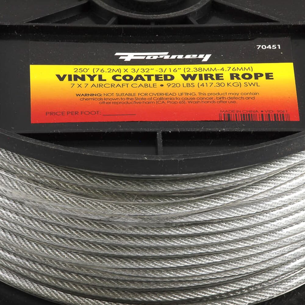 Wire Rope, Vinyl Coated, 3/32 in - 3/16 in x 250ft