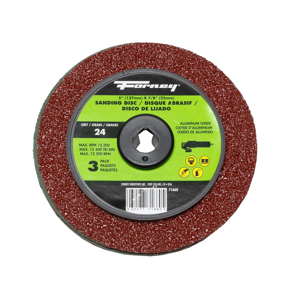 Forney 71660 Resin Fibre Sanding Disc aluminum oxide 24 grit 5 in x 7/8 in arbor 12200 RPM 3-pack sanding disc