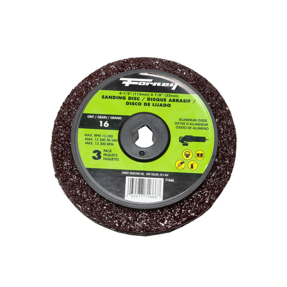 Forney 71666 resin fibre sanding disc 4-1/2 in x 7/8 in aluminum oxide 16 grit 13300 RPM 3-pack sanding disc
