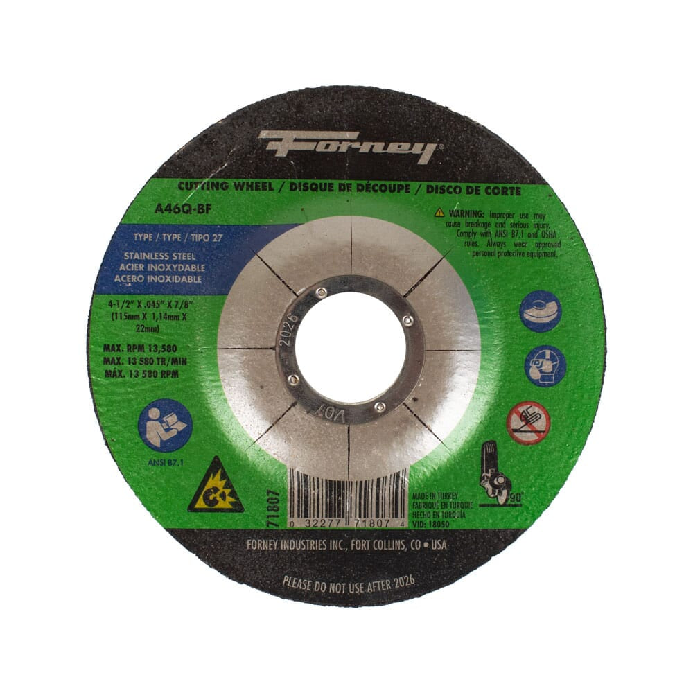 Cut-Off Wheel, Stainless, Type 27, 4-1/2 in x .045 in x 7/8 in