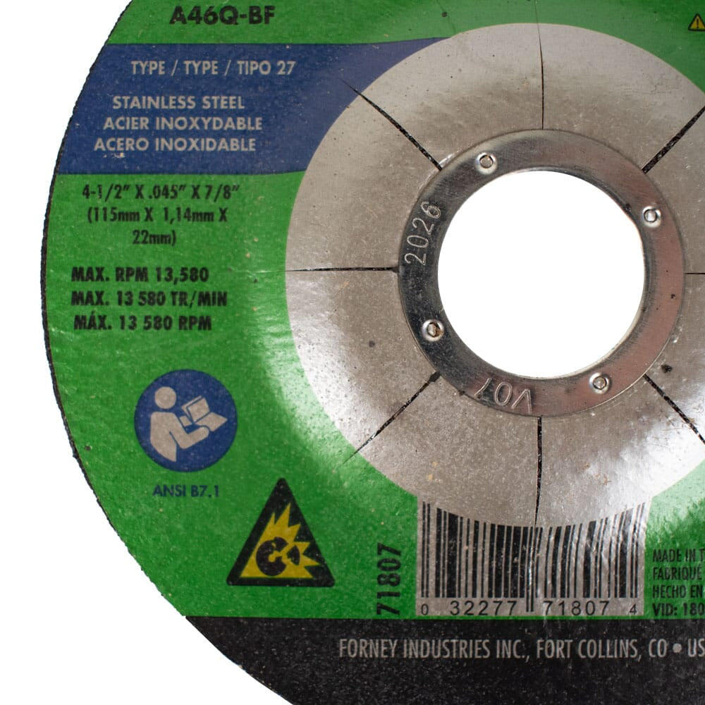 Cut-Off Wheel, Stainless, Type 27, 4-1/2 in x .045 in x 7/8 in