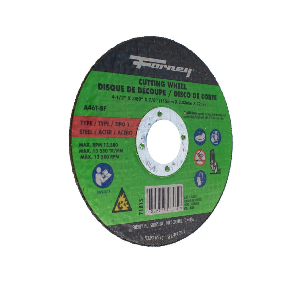 Cut-Off Wheel, Metal, Type 1, 4-1/2 in x .080 in x 7/8 in