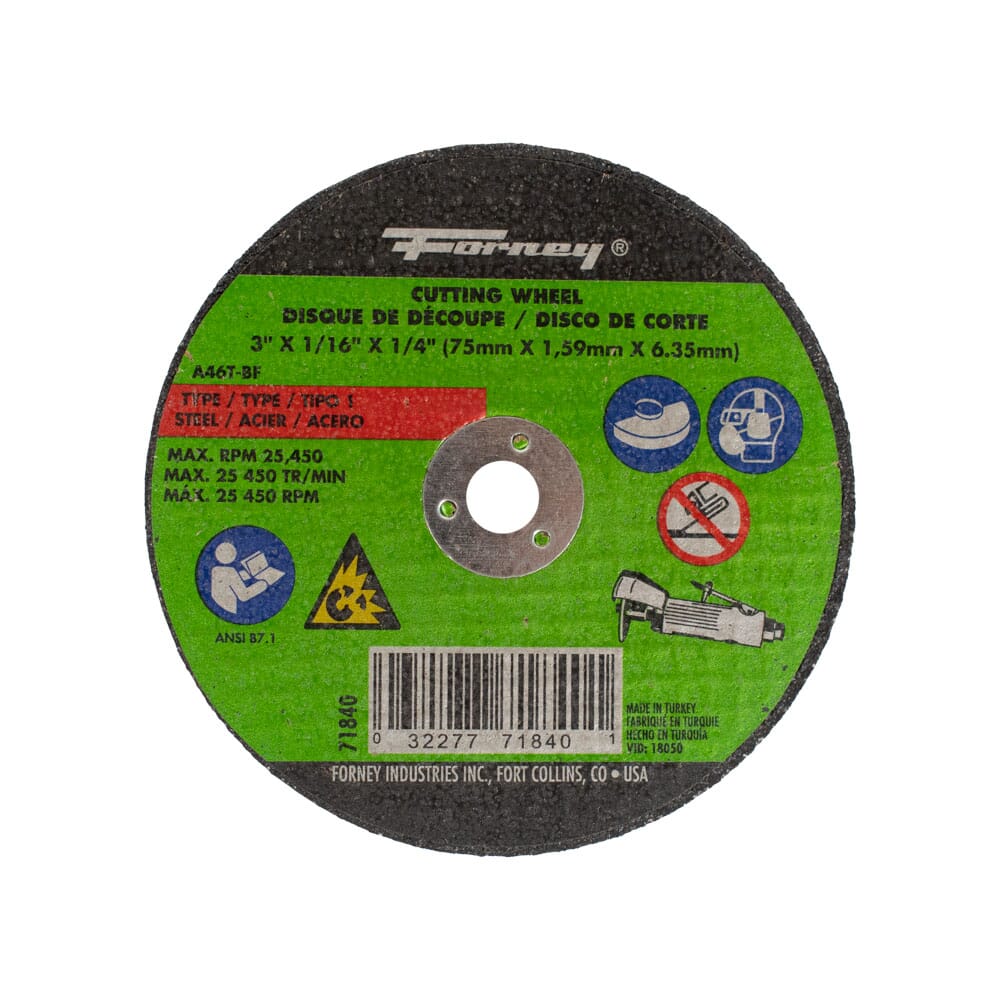 Cut-Off Wheel, Metal, Type 1, 3 in x 1/16 in x 1/4 in