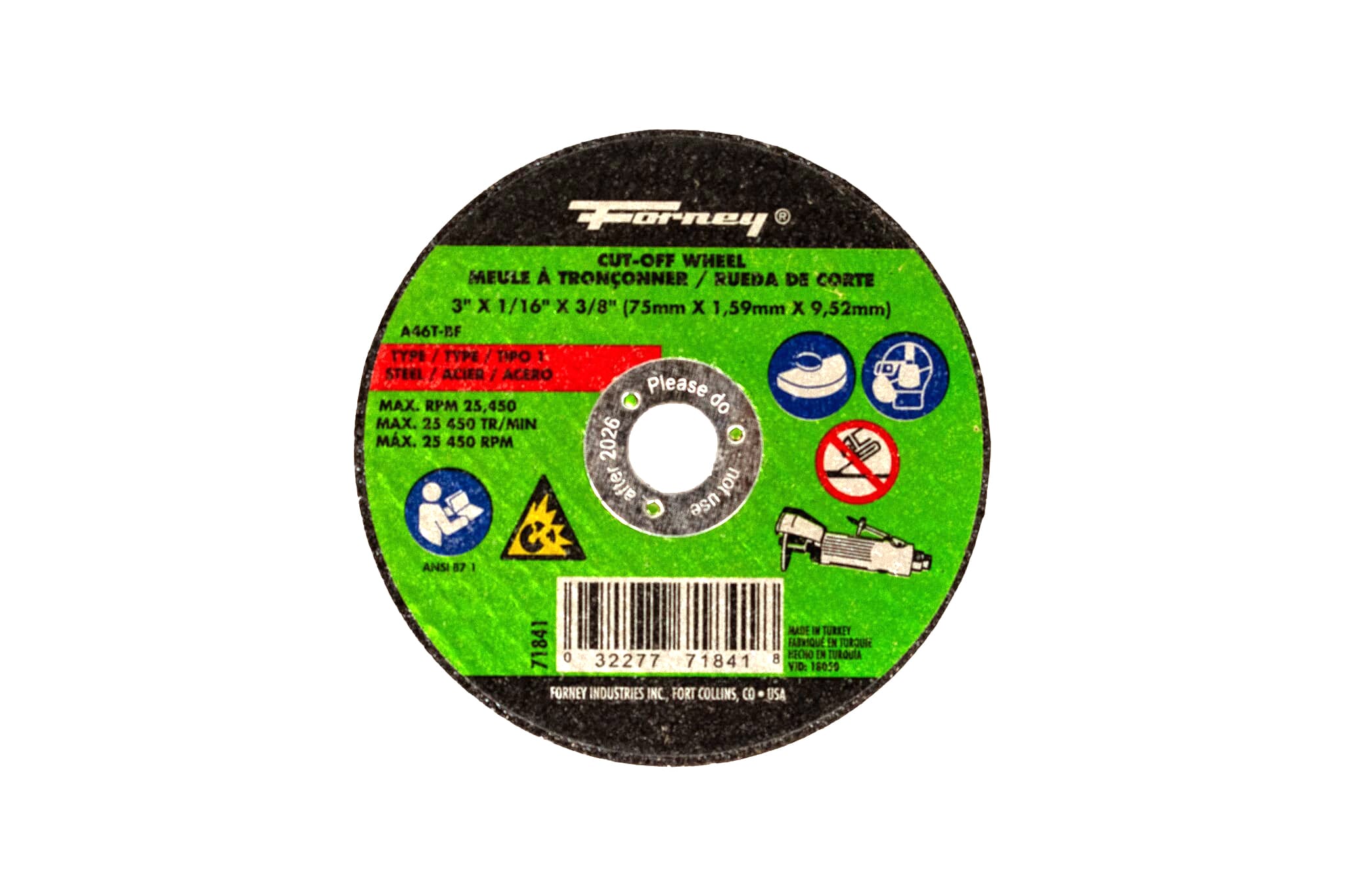 Cut-Off Wheel, Metal, Type 1, 3 in x 1/16 in x 3/8 in