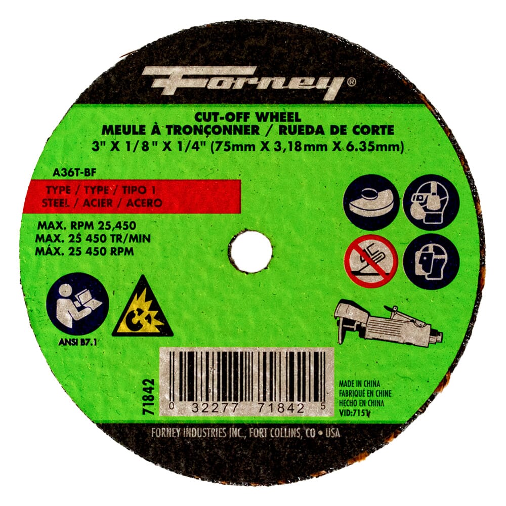 Cut-Off Wheel, Metal, Type 1, 3 in x 1/8 in x 1/4 in