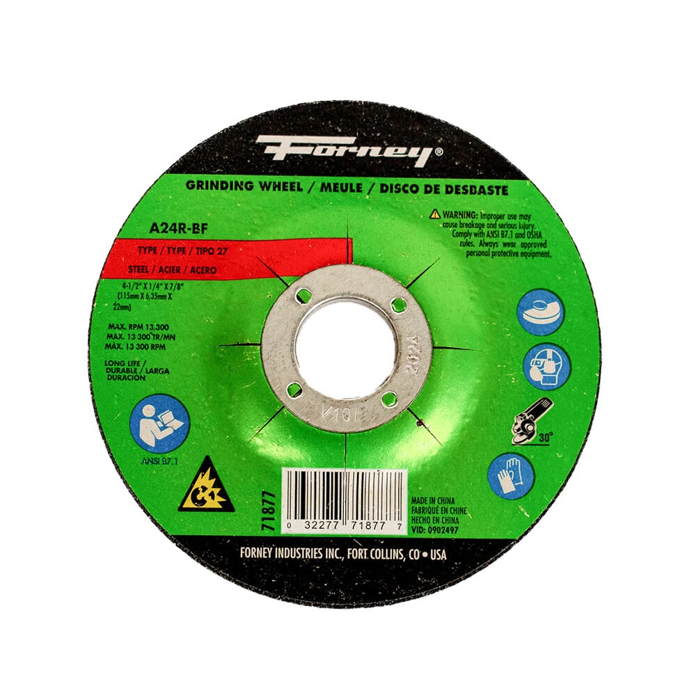 Grinding Wheel, Metal, Type 27, 4-1/2 in x 1/4 in x 7/8 in