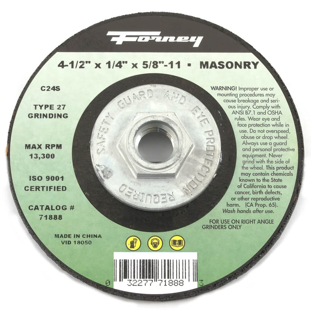 Grinding Wheel, Masonry, Type 27, 4-1/2 in x 1/4 in x 5/8 in-11