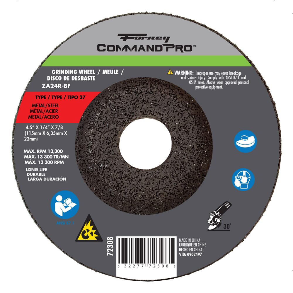 Grinding Wheel, Metal, Type 27, 4-1/2 in x 1/4 in x 7/8 in