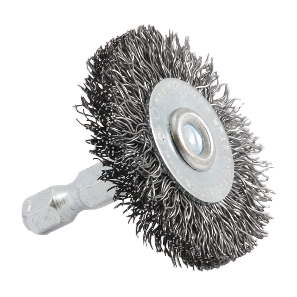 Wire Wheel, Crimped, 1-1/2 in x .012 in x 1/4 in Hex Shank