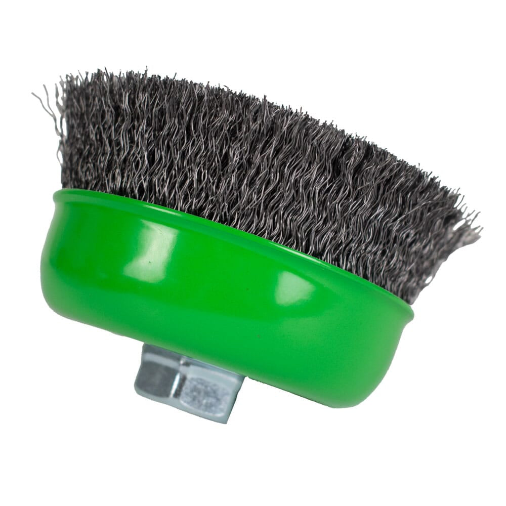 Cup Brush, Crimped, 5 in x .014 in x 5/8 in-11 Arbor