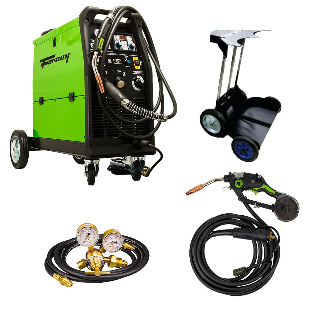 Forney® 242 Dual MIG Welder, Spool Pro Hornet™ SG250 Spool Gun, Argon/CO2 Regulator with 10 ft Hose, and Dual Cylinder Trolley Attachment Package