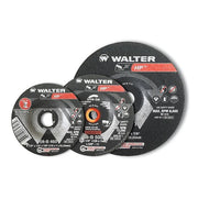Walter 08B410 HP Type-27 grinding wheel 4" x 1/4" x 3/8" three sizes in family image, black resinoid, 20-degree angle