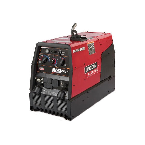 Lincoln Electric Ranger 250 GXT red Kohler engine-driven welder, 3/4 view with dual weld leads and rotary amp control