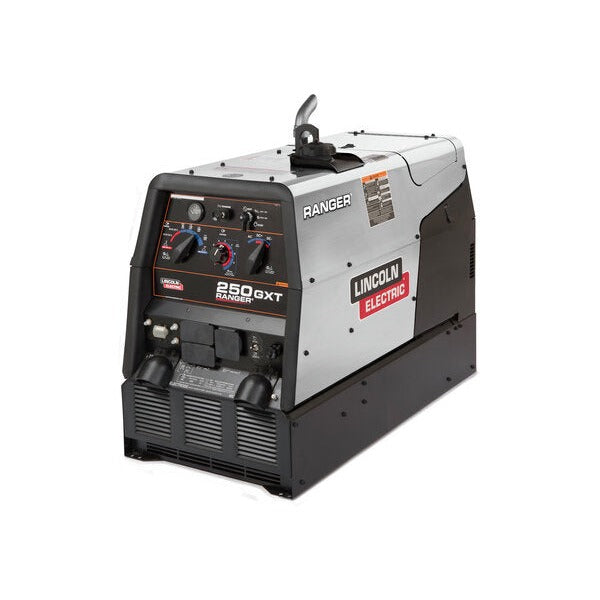 Lincoln Electric Ranger 250 GXT stainless steel case Kohler engine-driven welder, silver housing 3/4 angle view