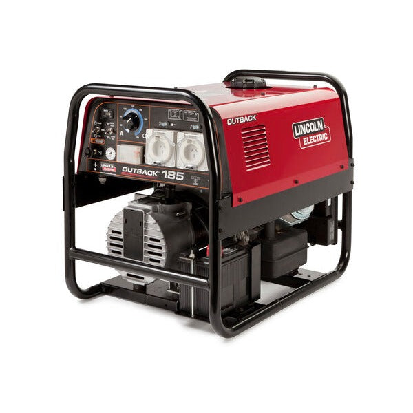 Lincoln Electric Outback 185 red Kohler engine-driven welder with roll cage, blue amperage dial and duplex outlets on panel