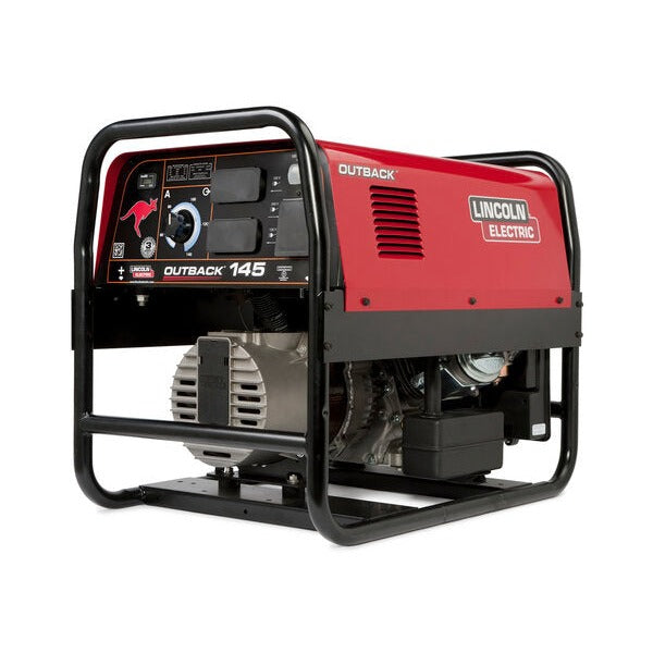 Lincoln Electric Outback 185 red Kohler engine-driven welder with black roll cage, front control panel and engine visible