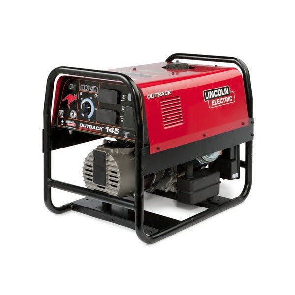 Lincoln Electric Outback 145 red and black Kohler engine-driven welder with roll cage frame, 3/4 angle view
