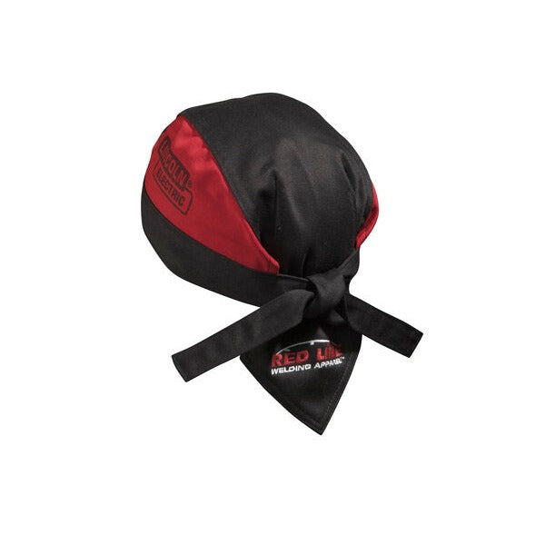 Lincoln Electric welding doo rag FR black and red flame-resistant fabric with tie-back straps