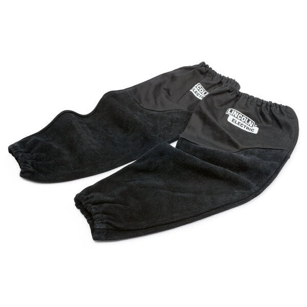 Lincoln Electric split leather FR welding sleeves black pair with elastic cuffs and Lincoln Electric logo