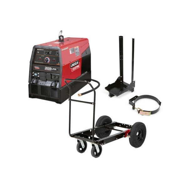 Lincoln Electric Ranger 305 LPG One-Pak welder set with wheeled cart, cylinder bracket, and strap accessories shown